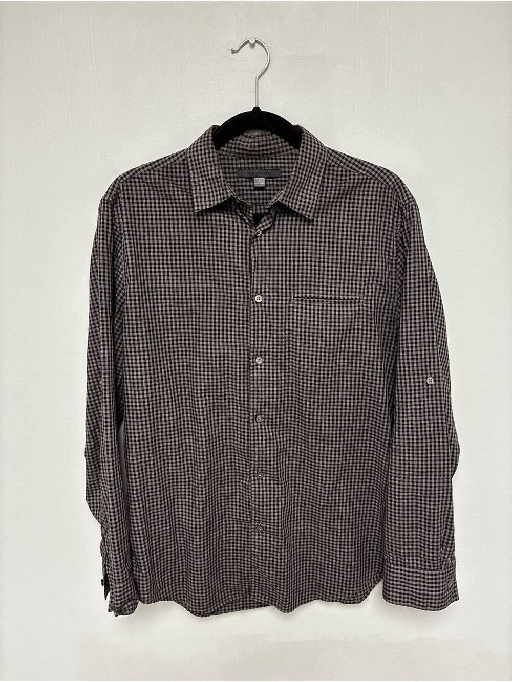 John Varvatos brown and grey gingham button-up shirt in size Small